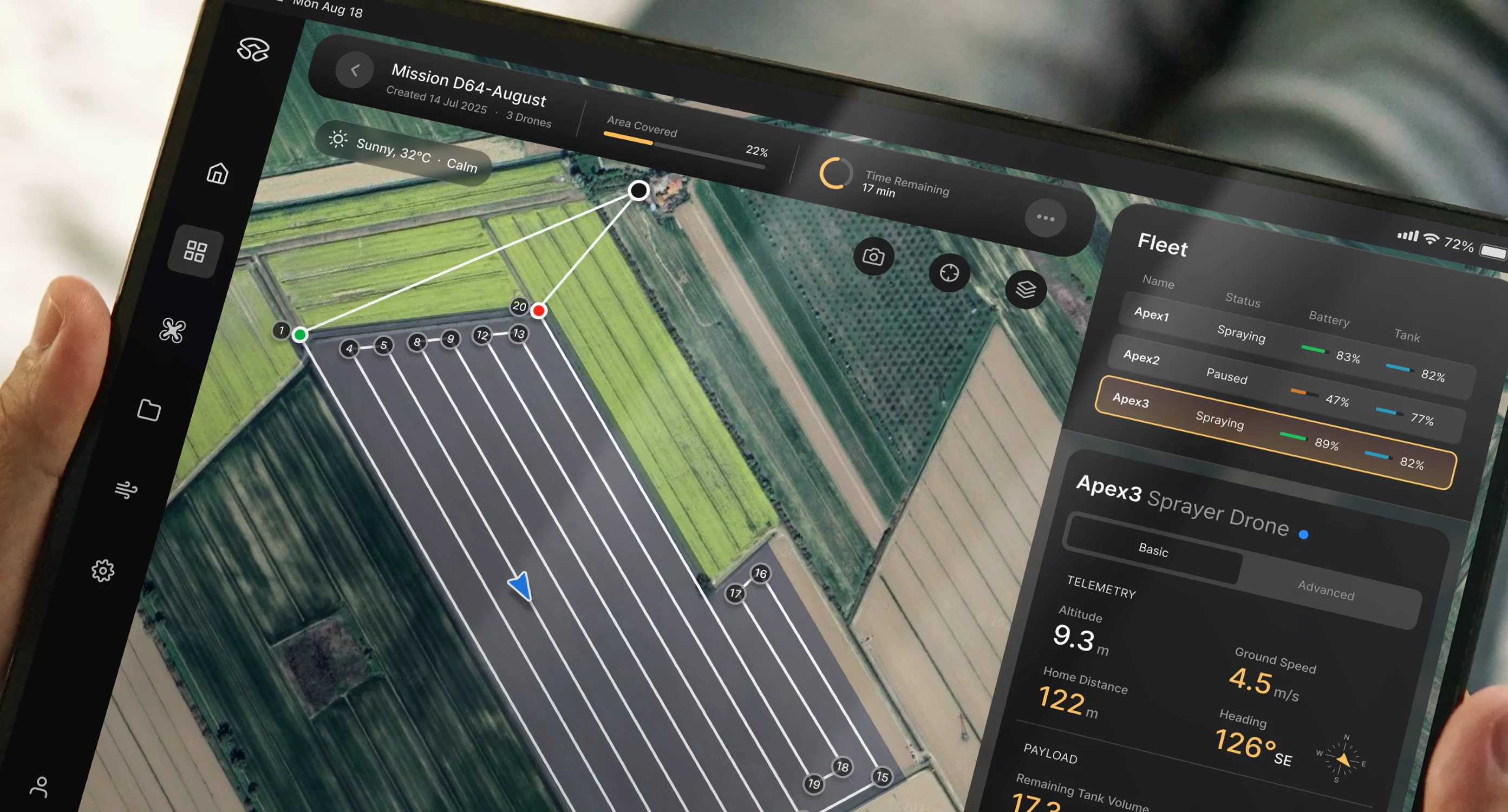 agriculture drone fleet application UI on a tablet