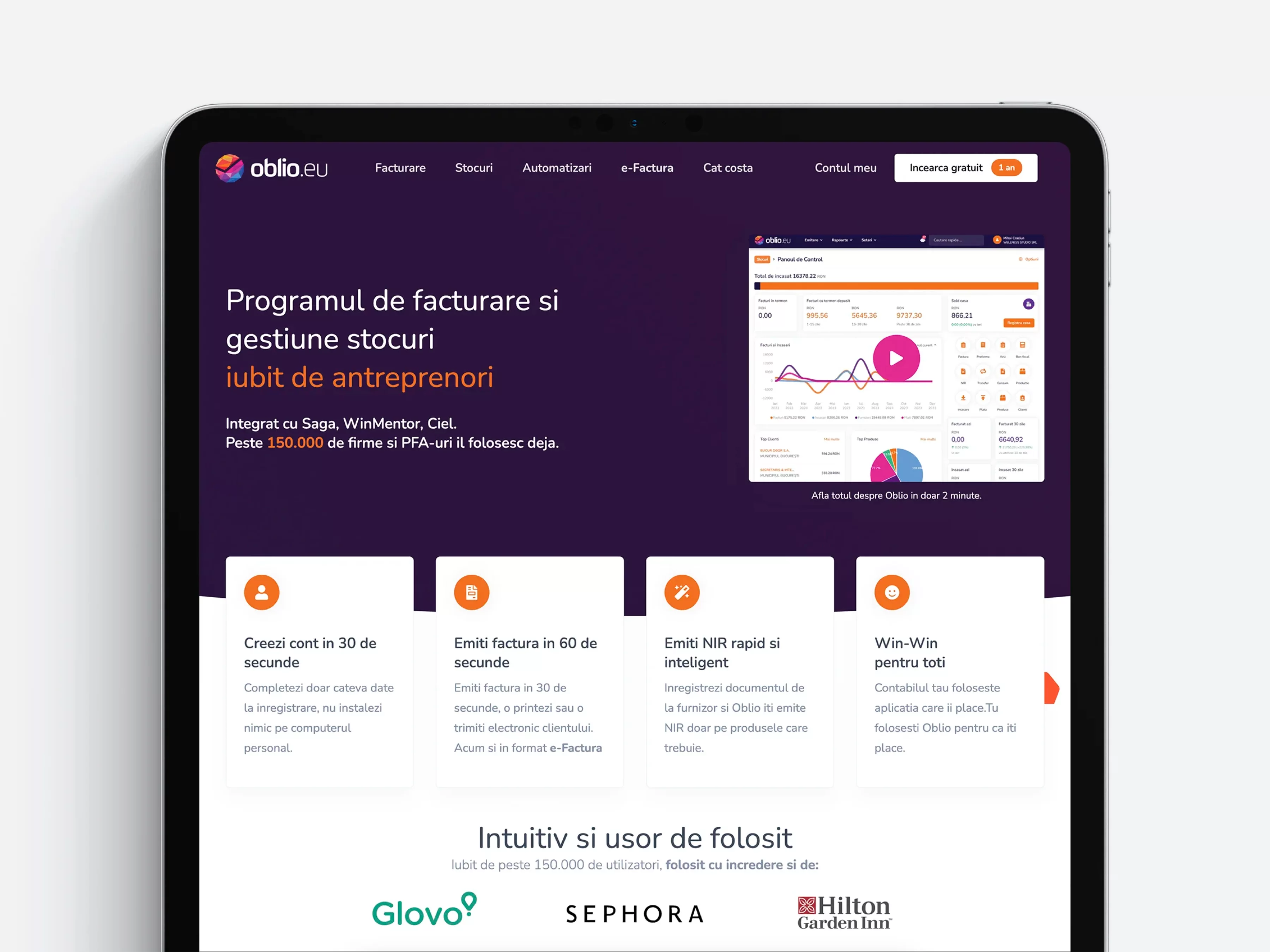 oblio.eu website on a tablet